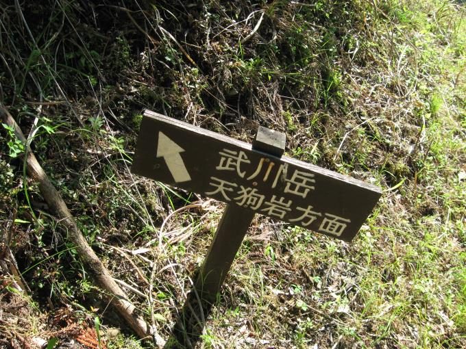 階段の前には「武川岳　天狗岩方面」と書かれた案内板があります。