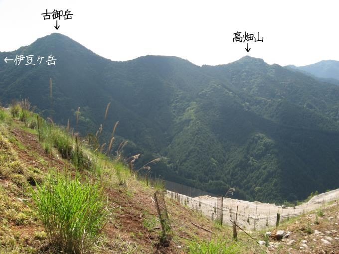 正面には伊豆ケ岳の尾根筋状にある古御岳と高畑山が見えます。